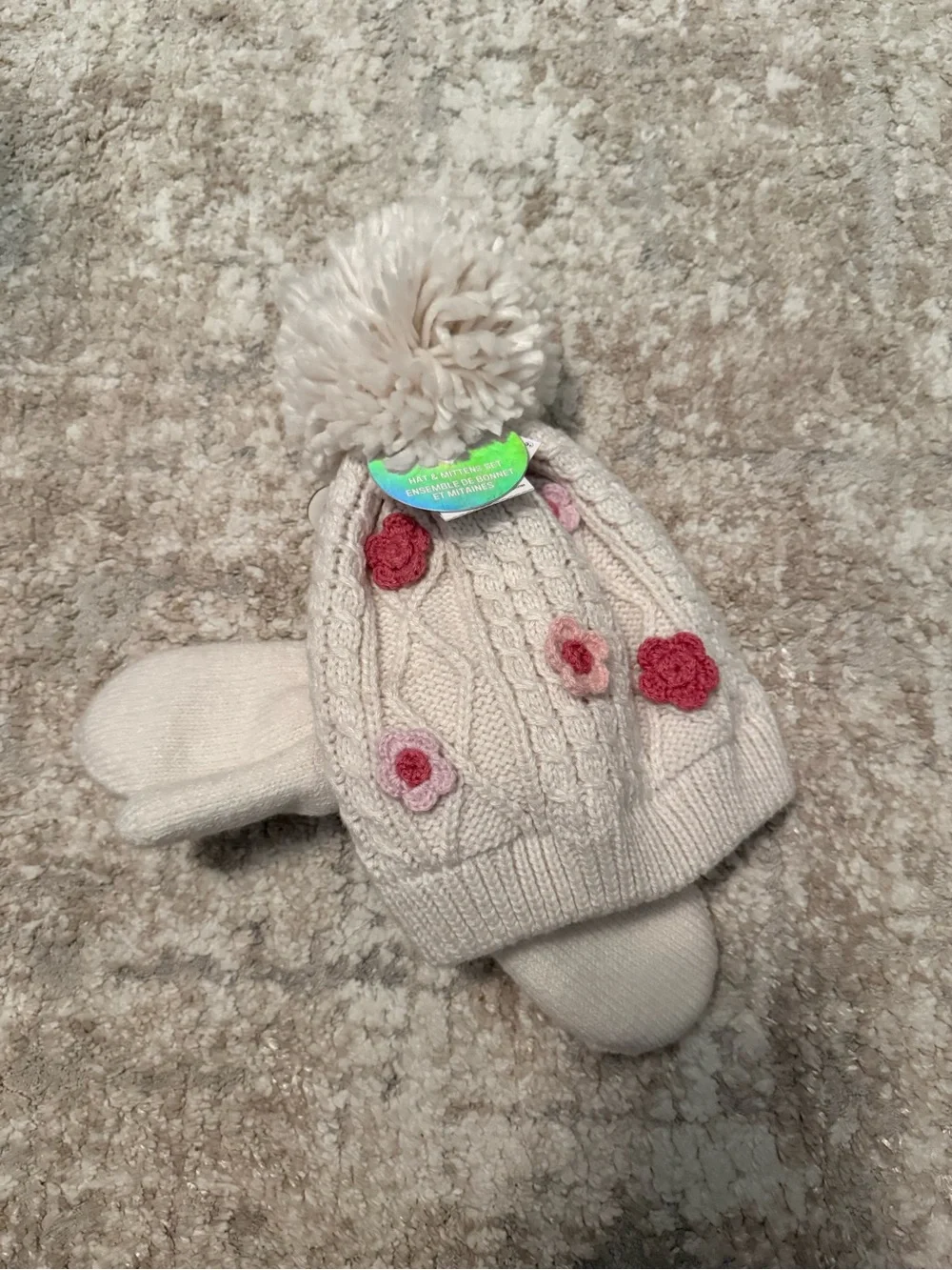The Children's Place Cream Knit Pom Hat with Pink Flower Accents and gloves-NWT